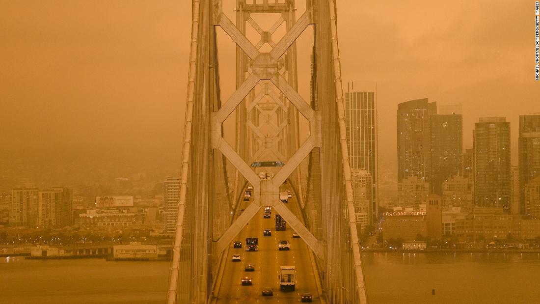 Wildfire smoke hangs over the San Francisco-Oakland Bay Bridge on September 9. 