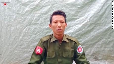 A still image of a video filmed by the Arakan Army in July in which Myanmar Private Myo Win Tun confesses to participating in the mass killing of Rohingya Muslims in 2017.