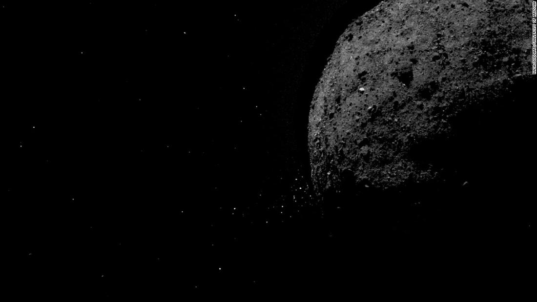 This image shows asteroid Bennu ejecting rock particles from its surface on Jan. 19, 2019. It was created by combining two images taken by the OSIRIS-REx spacecraft.