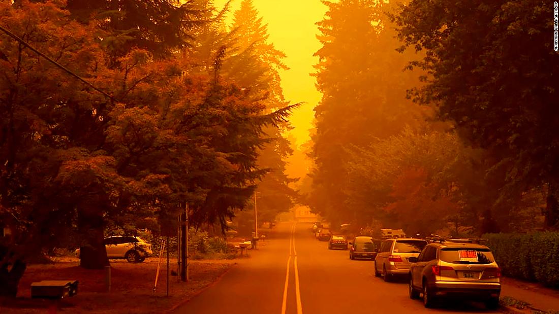 A street is shrouded by smoke from wildfires in West Linn, Oregon, on September 10, 2020.