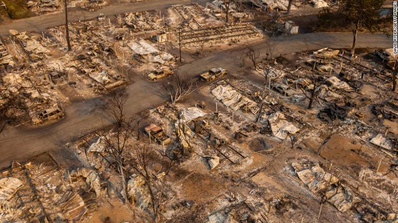 In this aerial view from a drone, a mobile home park destroyed by fire is shown on September 10, 2020 in Phoenix, Oregon. Hundreds of homes in the town have been lost due to wildfire. 