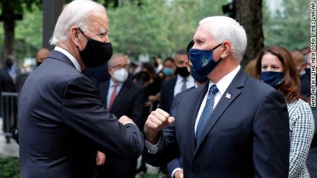 Former Vice President Joe Biden, the Domocratic presidential candidate, greets Vice President Mike Pence in New York on Friday. 