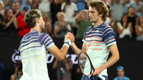 Thiem and Zverev meet at the net following the Austrian&#39;s victory. 