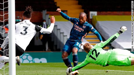 Arsenal&#39;s French striker Alexandre Lacazette scores the opening goal of the English Premier League season in his side&#39;s 3-0 win over Fulham.