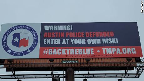 Texas police union erects sign saying &#39;Austin Police Defunded: Enter at Your Own Risk&#39; 