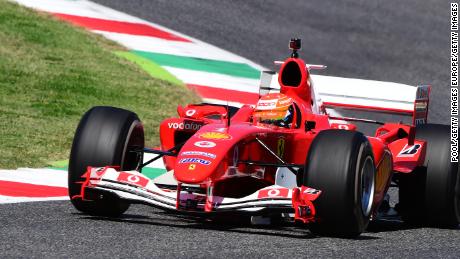 Mick Schumacher drives the Ferrari F2004 of his father Michael Schumacher before the F1 Tuscan Grand Prix at the  Mugello Circuit. 