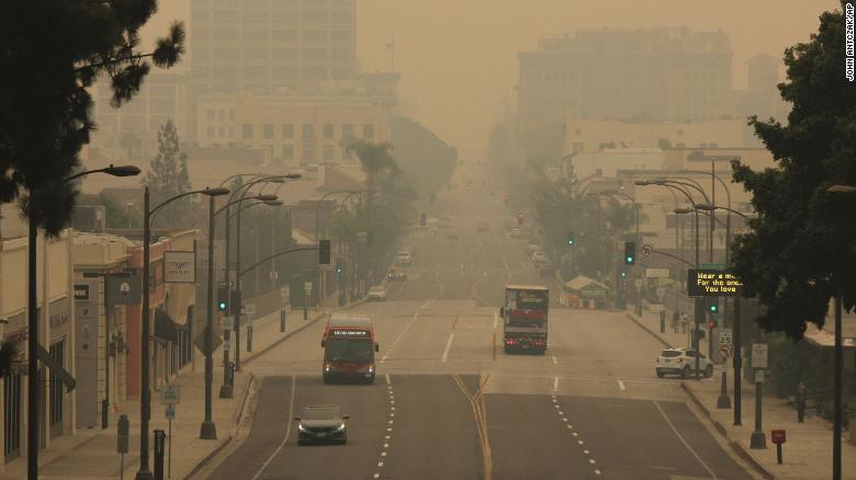 Smoke from wildfires fills the sky over Pasadena, California, on Saturday.