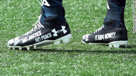 The cleats worn by Cam Newton of the New England Patriots before the game between the Patriots and the Miami Dolphins at Gillette Stadium on Sunday, September 13.