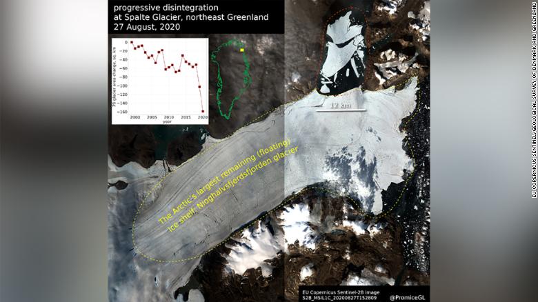 The section marked in red at the top of this optical satellite image shows the ice lost from the Nioghalvfjerdsfjorden glacier.