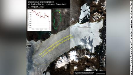 The section marked in red at the top of this optical satellite image shows the ice lost from the Nioghalvfjerdsfjorden glacier.