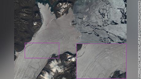 A satellite image from July 31 2019 showing pools and rivers of water on the surface of Greenland&#39;s Nioghalvfjerdsfjorden glacier.