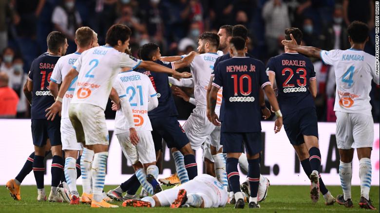 PSG and Marseille players scuffle at the end of the Ligue 1 clash.