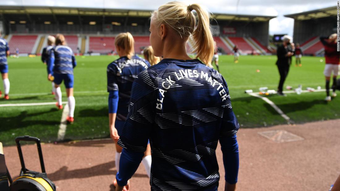 Chelsea&#39;s Pernille Harder walks out for a warm-up before a soccer match in Leigh, England, on September 6.