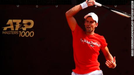 Djokovic returns a forehand during a practice session in Rome, Italy.