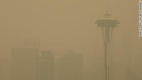 Smoke from wildfires obscures the Space Needle and the Seattle skyline on September 12.