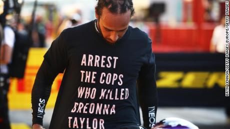 Hamilton wears a Taylor T-shirt during Sunday's Grand Prix. 