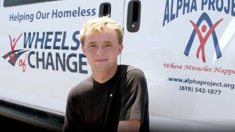 College sophomore Kevin Barber started the Wheels of Change program three years ago to pay homeless people fair wages  for removing litter from public spaces in San Diego. 
