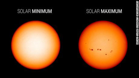 Visible light images from NASA's Solar Dynamics Observatory emphasize the appearance of the sun at the minimum minimum sun (left, December 2019) versus the maximum of the sun (right, July 2014).  During solar minimums, the sun is often silvery clean.  Sunspots are associated with solar activity and are used to track the progress of the solar cycle. 