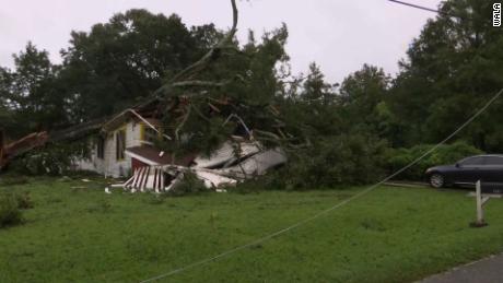 A tree rests on a crushed home Wednesday in the Mobile area. 