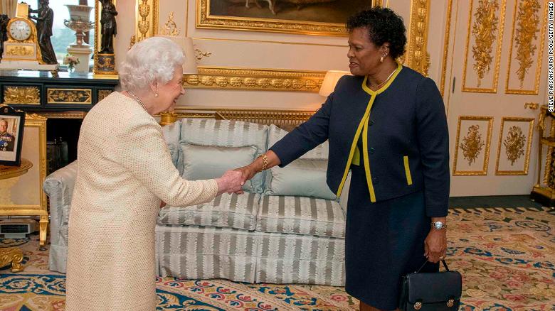 The Queen meets with Governor-General of Barbados Sandra Mason during a private audience at Buckingham Palace on March 28, 2018 in London, England. 