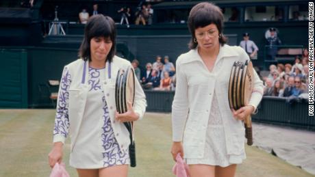 King (right) and Casals take to the court for their Wimbledon semifinal in 1972. 