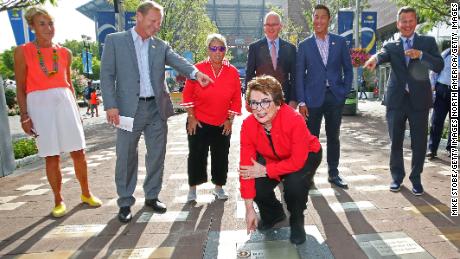 NEW YORK, NEW YORK - SEPTEMBER 04: Tennis legends Billie Jean King and Rosie Casals, members of the Original 9, unveil their pavers honoring Gladys Heldman and the entire Original 9 on the USTA Foundation&#39;s Avenue of Aces on day ten of the 2019 US Open at the USTA Billie Jean King National Tennis Center on September 04, 2019 in the Queens borough of New York City. (Photo by Mike Stobe/Getty Images)
