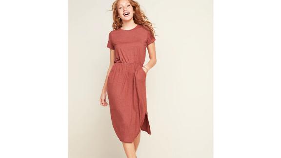 Waist-Defined Slub-Knit Midi T-Shirt Dress