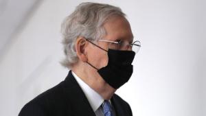 WASHINGTON, DC - SEPTEMBER 16: Senate Majority Leader Mitch McConnell (R-KY) arrives for a Republican senate luncheon in the Hart Senate Office Building on Capitol Hill September 16, 2020 in Washington, DC. Speaker of the House Nancy Pelosi (D-CA) told Democratic members of the House that they would not break before the November elections unless Congress funded an additional round of stimulus to aid the economy during the novel coronavirus pandemic.  (Photo by Chip Somodevilla/Getty Images)