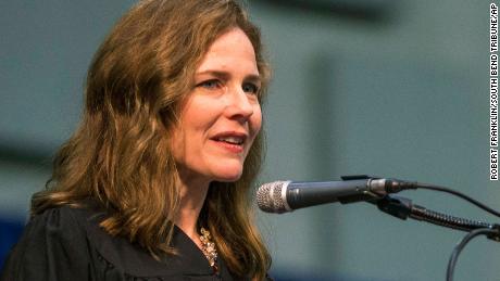 In this May 19, 2018 file photo, Amy Coney Barrett, United States Court of Appeals for the Seventh Circuit judge, speaks during the University of Notre Dame&#39;s Law School commencement ceremony at the University of Notre Dame in South Bend, Indiana.