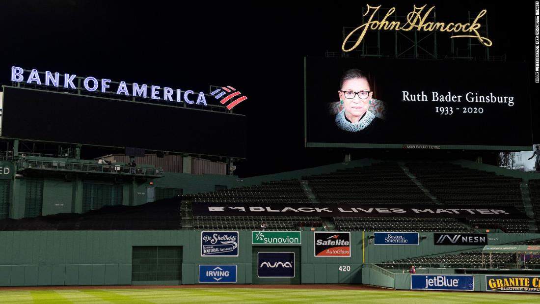 A moment of silence is held for Ginsburg before a baseball game in Boston on September 19.