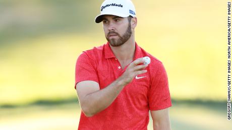 Matthew Wolff of the United States reacts on the 18th green after completing a superb five-under 65 at Winged Foot Golf Club in Mamaroneck, New York to take the lead at the US Open. 