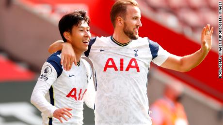 Son Heung-min  of Tottenham Hotspur celebrates with teammate Harry Kane after completing his hat-trick in the 5-2 win over Southampton.