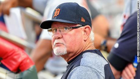 Detroit Tigers manager Ron Gardenhire looks on from the dugout as the Tigers played the Atlanta Braves on May 31, 2019 at SunTrust Park in Atlanta.