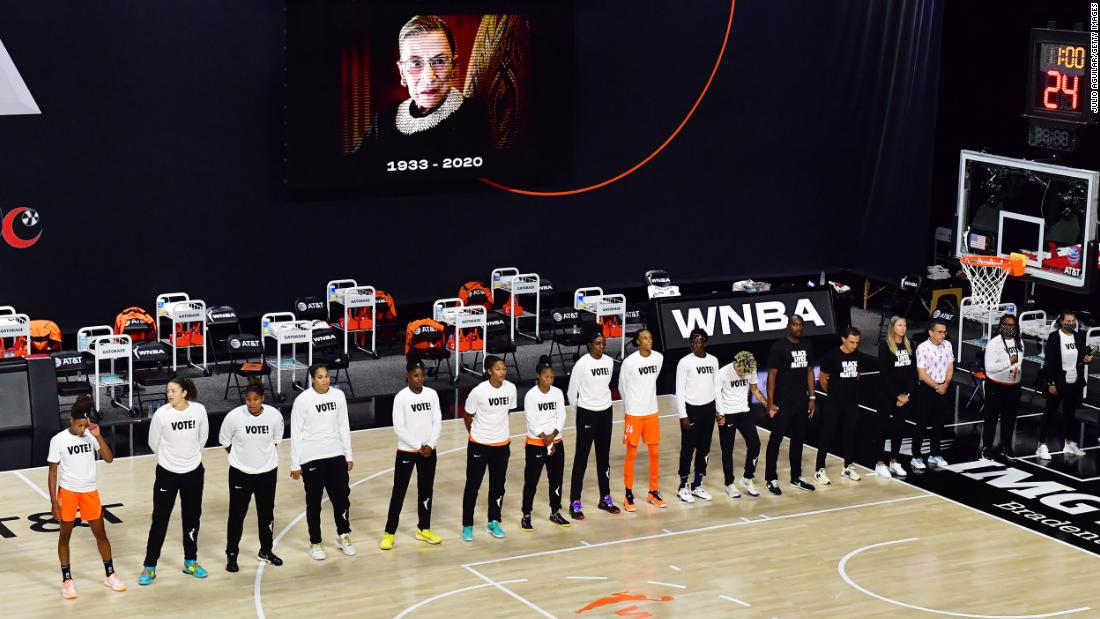 The WNBA&#39;s Connecticut Sun wear T-shirts that say &quot;Vote&quot; while observing a moment of silence for Ginsburg before their playoff game on September 20.