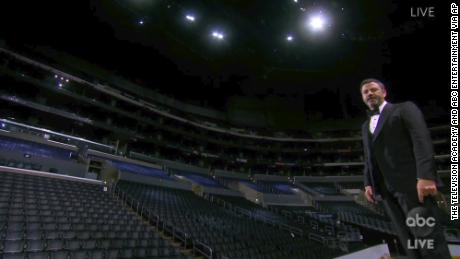 Jimmy Kimmel speaks on stage in front of empty seats during the 72nd Emmy Awards broadcast. (The Television Academy and ABC Entertainment via AP)