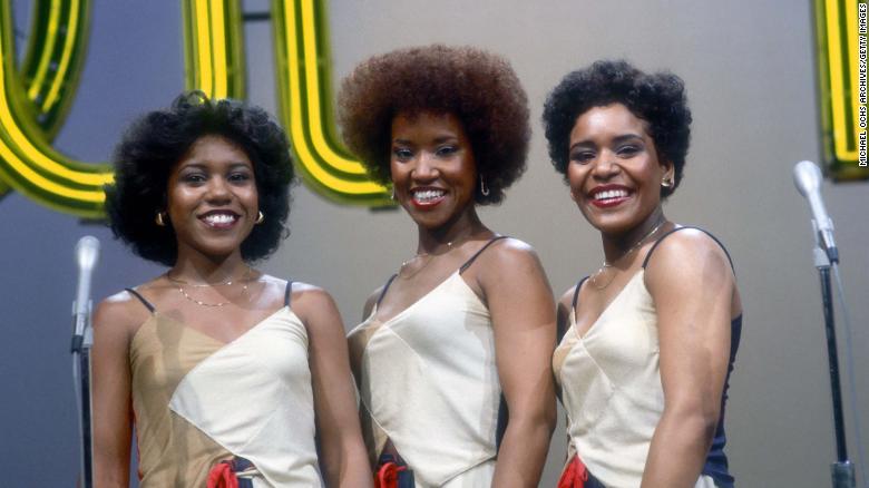 The Emotions (L-R Pamela Hutchinson, Wanda Hutchinson and Sheila Hutchinson) pose on the set of the TV show &quot;Soul Train&quot; in August 1977 in Los Angeles 