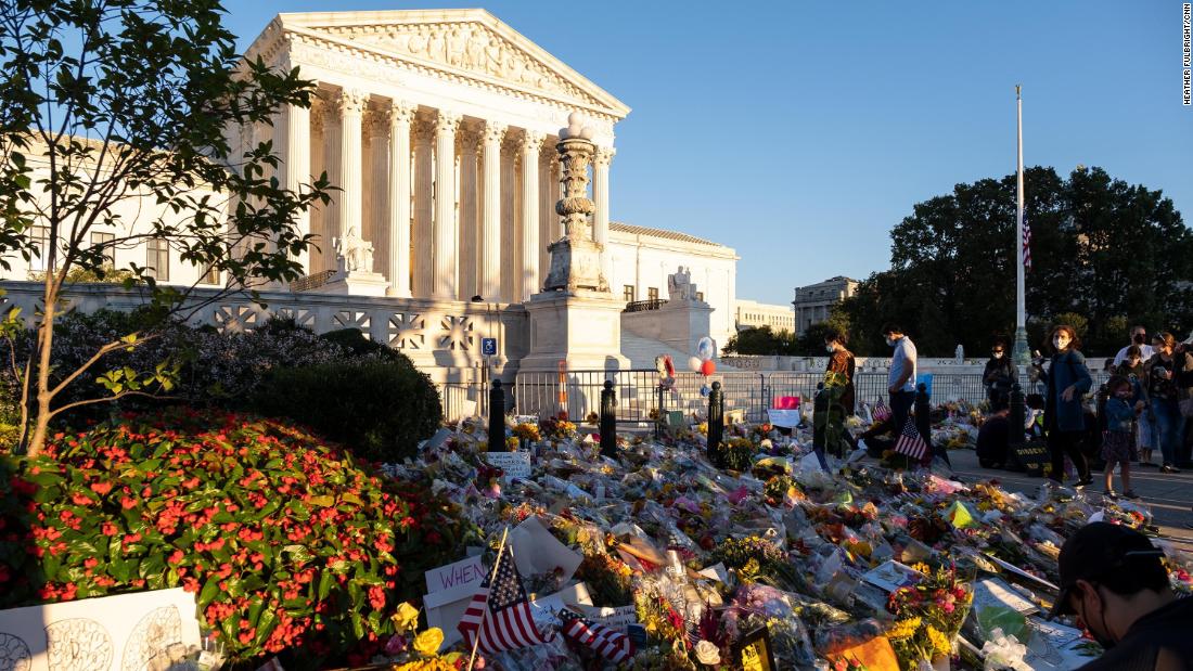 Flowers and notes are left at the makeshift memorial outside of the Supreme Court on September 20.