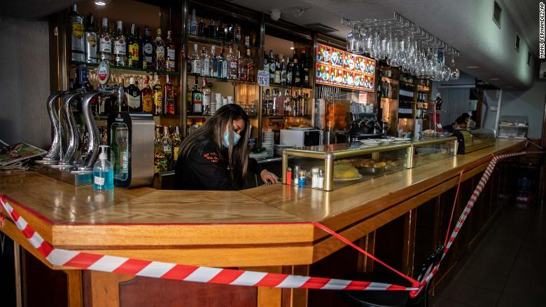 A bar counter is sealed off to prevent contact with customers in Madrid, Spain, on September 22.