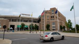 Sep 12, 2020; Notre Dame, Indiana, USA; A general view of the exterior of Notre Dame Stadium before the game between the Notre Dame Fighting Irish and the Duke Blue Devils. Mandatory Credit: Matt Cashore-USA TODAY Sports