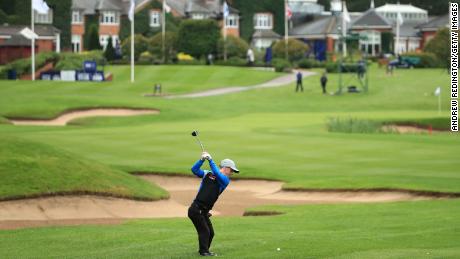 Lawlor plays his second shot on the 9th hole during day two of the UK Championship at The Belfry.