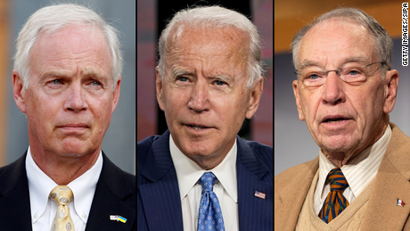 At left, Republican Sen. Ron Johnson; at center, former Vice President Joe Biden, and at right, Republican Sen. Chuck Grassley of Iowa.