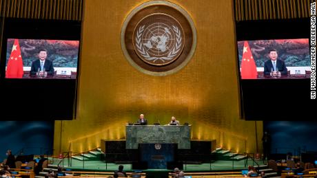 Chinese President Xi Jinping speaks by video link at the United Nations General Assembly on September 22, 2020. 