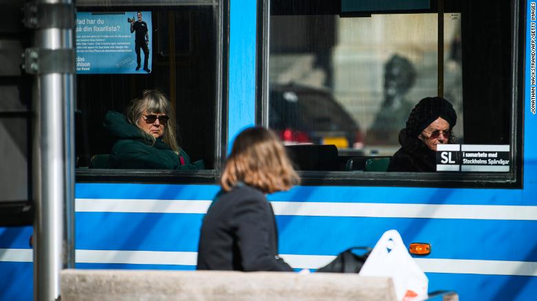 Commuters in Stockholm on April 1. Sweden has not advised the public to wear masks on public transport.