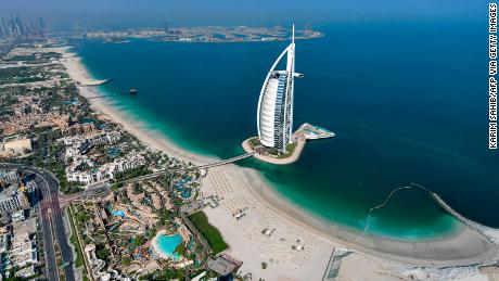 This picture taken on July 8, 2020 shows an aerial view of the Burj al-Arab hotel in the Gulf emirate of Dubai, during a government-organised helicopter tour. (Photo by KARIM SAHIB / AFP) (Photo by KARIM SAHIB/AFP via Getty Images)