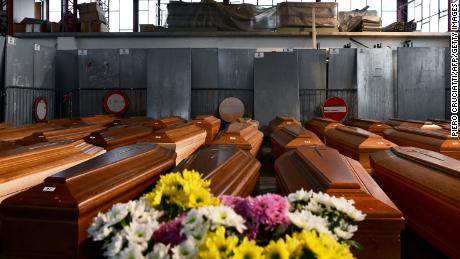 A general view shows some of 35 coffins of deceased people stored in a warehouse in Ponte San Pietro, near Bergamo, Lombardy, on March 26, 2020, before being taken to another region to be cremated during the country&#39;s lockdown.