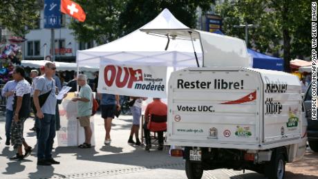 A stand of the right-wing Swiss Peoples Party (SVP) is pictured at a market in Geneva, Switzerland on September 13, 2020. 