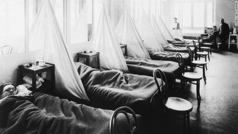 Patients lie in a US Army influenza ward in Aix-les-Baines, France, during World War I.