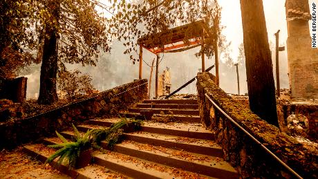 A staircase remains at the Restaurant at Meadowood, which burned in the Glass Fire, in St. Helena, Calif.