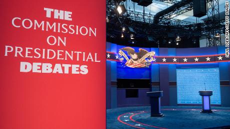 The stage of the first US Presidential debate is seen at Case Western Reserve University and the Cleveland Clinic in Cleveland, Ohio on September 28, 2020. - Tuesday's clash in Cleveland, Ohio, the first of three 90-minute debates, represents the first time voters will have the chance to see the candidates facing off against one another directly. 