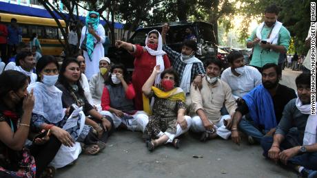 Protests were held outside Safdarjung Hospital on 29 September 2020 in New Delhi, where a 19-year-old woman died two weeks after the gang rape.